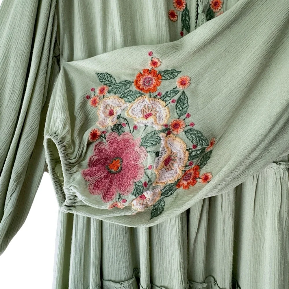 FREE PEOPLE SPELL ON YOU EMBROIDERED DRESS EARTH SAGE TASSEL TIES LINED | LARGE